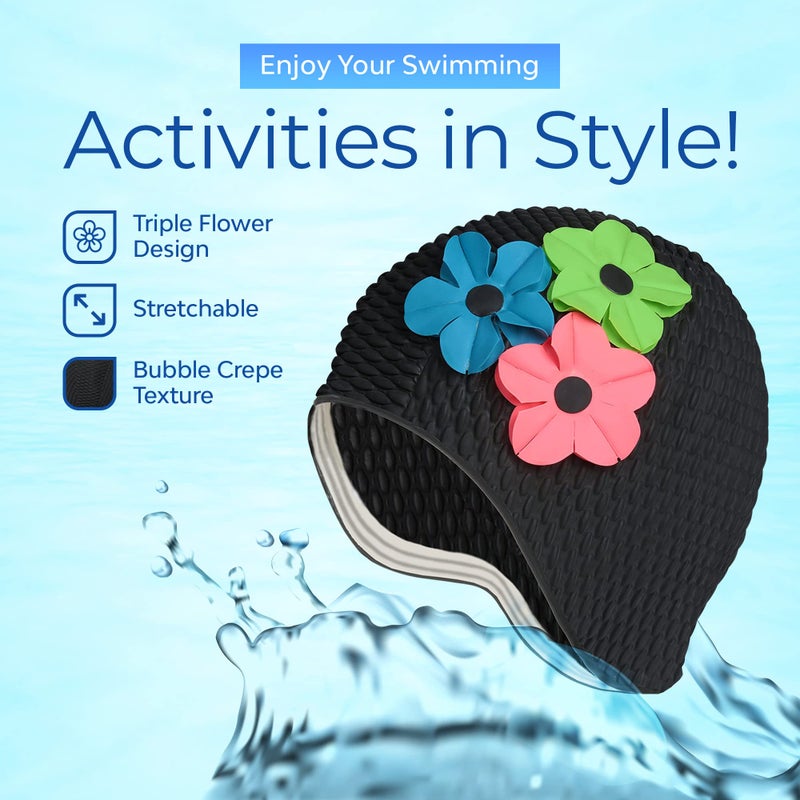 Beemo Latex Swimming Cap for Women, Swim Cap for Long Hair or Short Hair, Bath & Swim Caps to Shield Hair from Damage, Use as Large Shower Cap, Black Swimming Cap with Pink, Green & Blue Flowers - Image 3